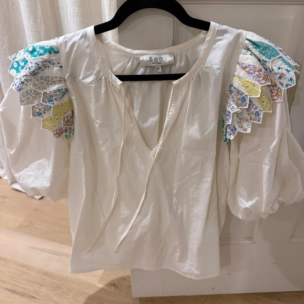 Sea New York Cream Blouse with Multicolor Embroidered Sleeves